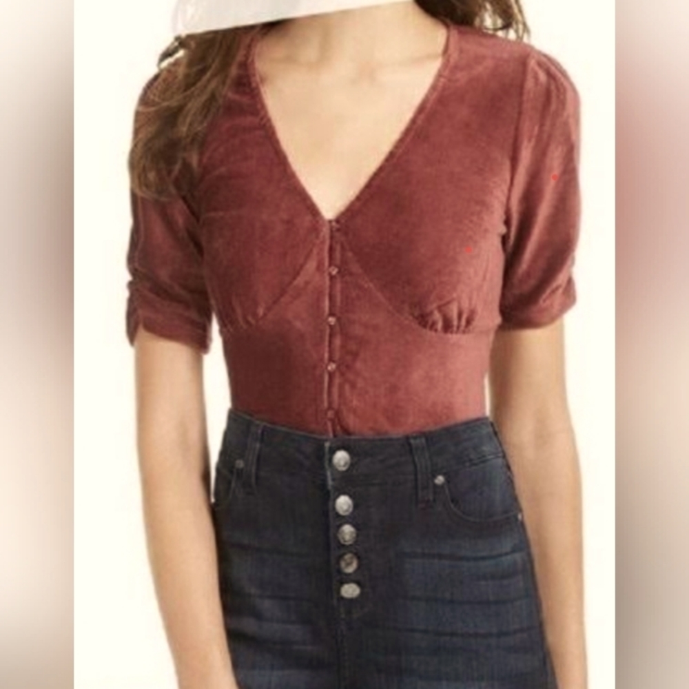 American Rag Ruchched Sleeve Rib Knit Burgundy Velvet Top Size XXL